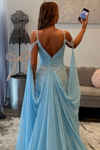 Cloak V Neck Spaghetti Straps Mermaid Long Prom Dresses With Pearls