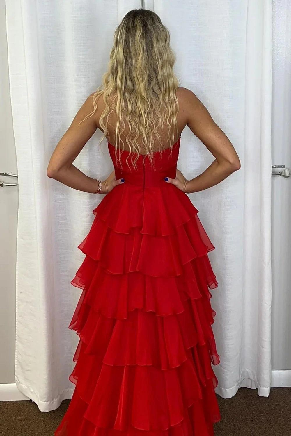 Royal Blue A-Line Strapless Long Tiered Chiffon Prom Dresses