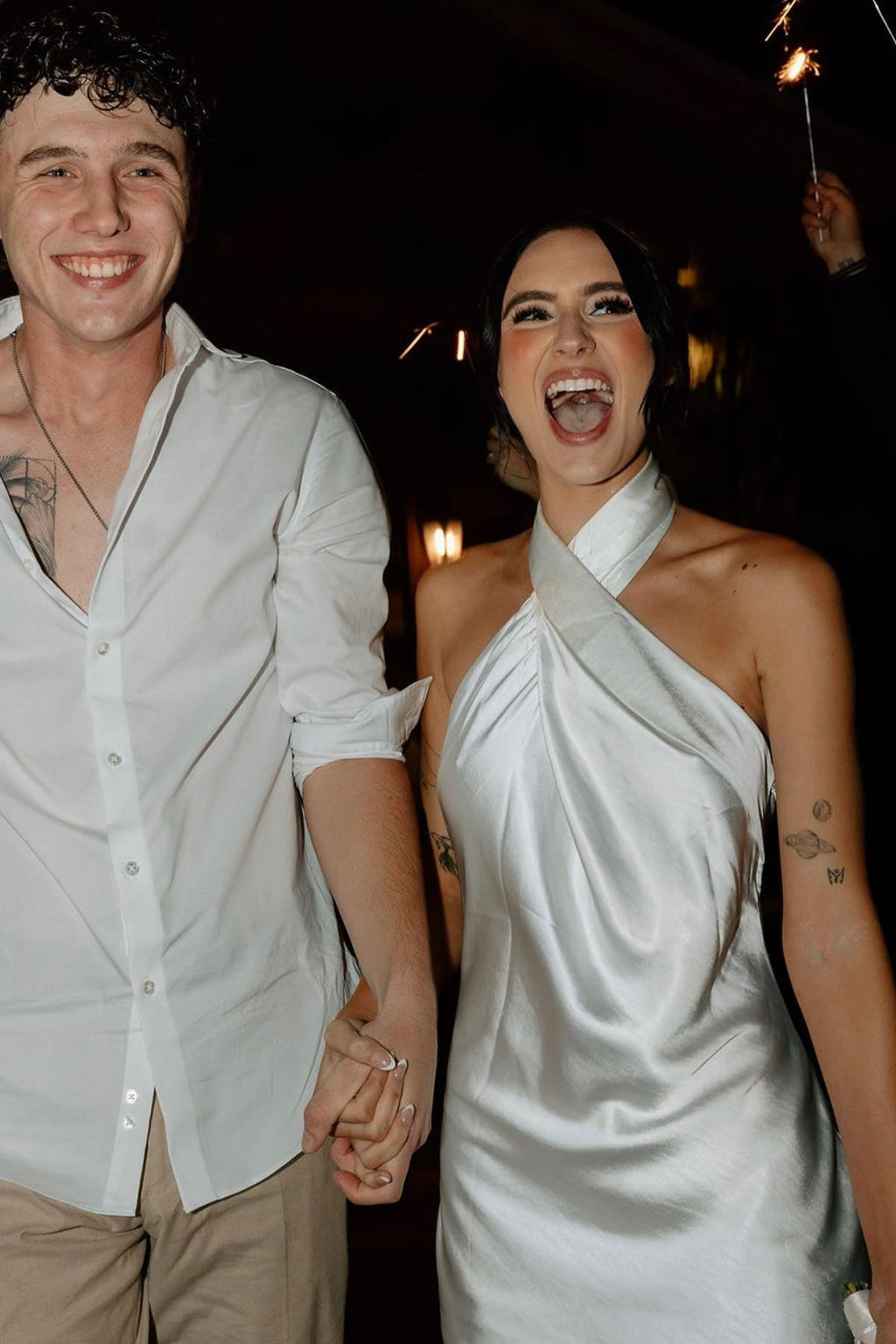 Sheath Halter Neck Satin White Short Wedding Guest Dress