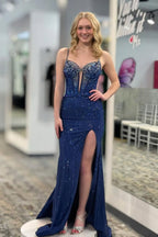 Mermaid Sweetheart Blue Keyhole Sequins Beads Long Prom Dresses