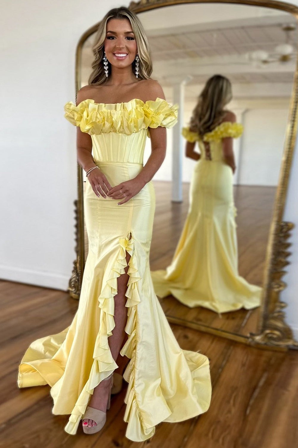 Charming Satin Mermaid Off The Shoulder Prom Dresses Pic Color / US12 Charming Satin Mermaid Off The Shoulder Prom Dresses Pic Color / US12