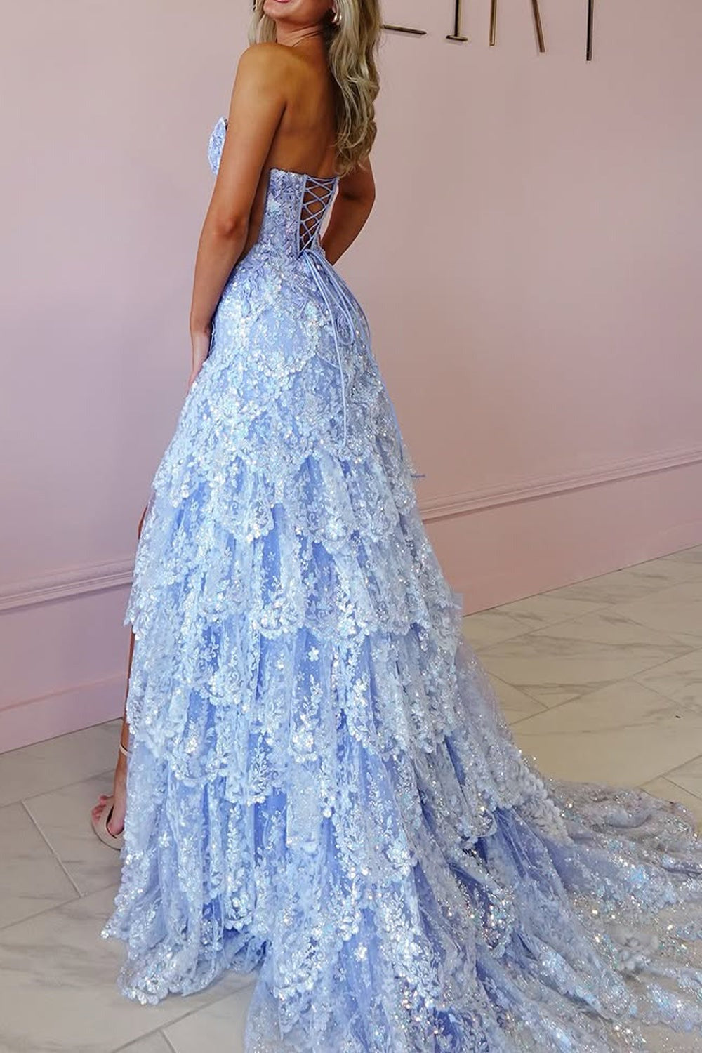 A-Line Strapless Lavender Sequin Lace Ruffle Tiered Long Prom Dresses