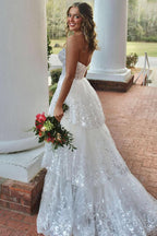 A-Line Strapless White Sequin Lace Ruffle Tiered Long Prom Dresses