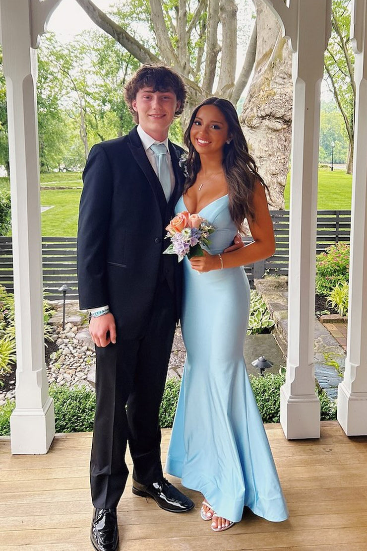 Mermaid V Neck Light Blue Elastic Satin Long Prom Dresses