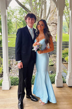 Mermaid V Neck Light Blue Elastic Satin Long Prom Dresses