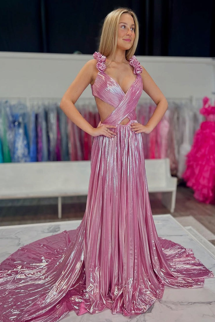 A Line V Neck Pink Pleat Metallic Satin Long Prom Dresses – luladress