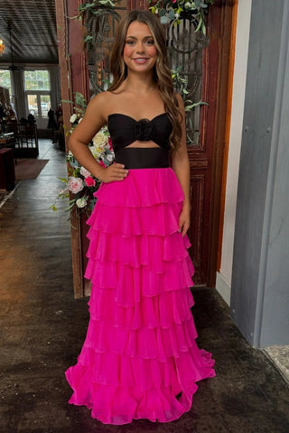 Royal Blue A-Line Strapless Long Tiered Chiffon Prom Dresses