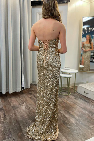 Gold Strapless Sequins Mermaid Prom Dresses,BD93227
