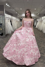 A Line Scoop Neck Satin Pink Jacquard Prom Dresses