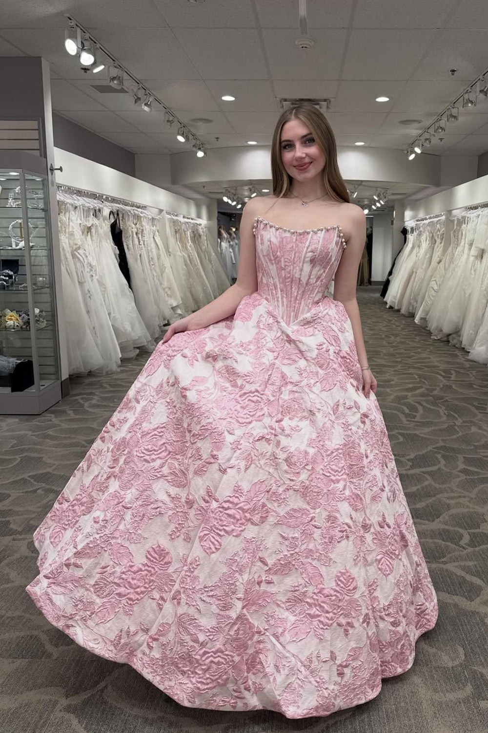 A Line Scoop Neck Satin Pink Jacquard Prom Dresses