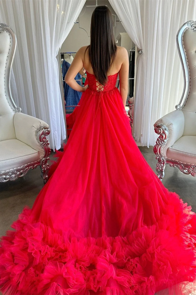 Sweetheart Backless Red Prom Dresses Tulle Ruffled Prom Dresses,BD93146