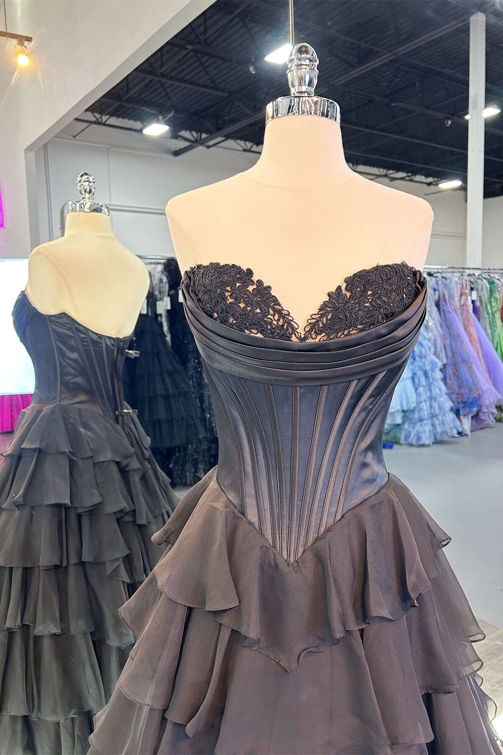 Yellow Sweetheart Ruffle Chiffon Tiered Long Prom Dresses