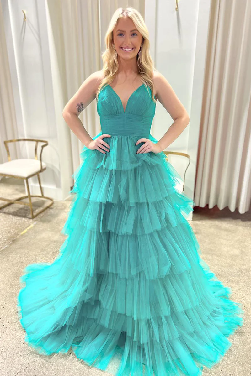 Lilac V Neck Ruffle Tiered Long Prom Dresses