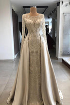 Gorgeous Long Satin Beaded Mermaid Prom Dresses with Sleeves