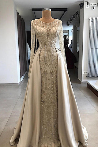 Gorgeous Long Satin Beaded Mermaid Prom Dresses with Sleeves