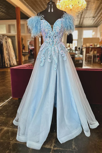 Light Blue Off the Shoulder Sequin Long Lace Prom Dress,BD93093