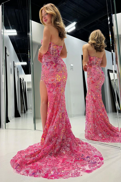 Pink Strapless Sequin Lace Mermaid Long Prom Dresses,BD93269