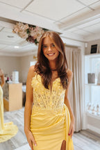 Sheath Mermaid Sweetheart Yellow Satin Prom Dresses