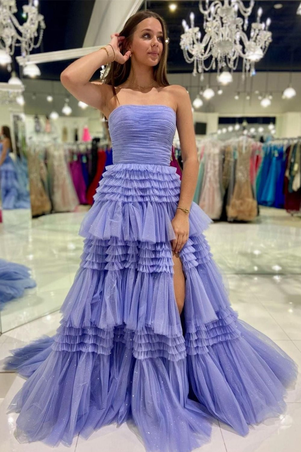 A Line Tulle Strapless Fuchsia Long Prom Dresses