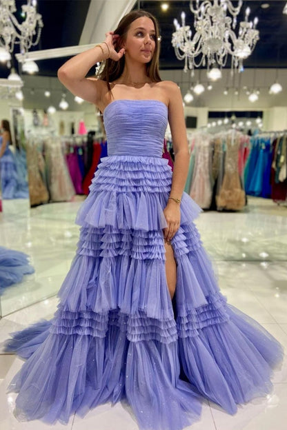 A Line Tulle Strapless Fuchsia Long Prom Dresses
