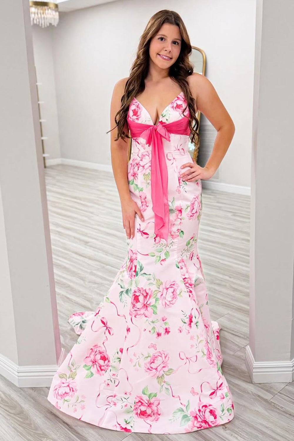 Mermaid V Neck Pink Floral Satin Long Prom Dresses
