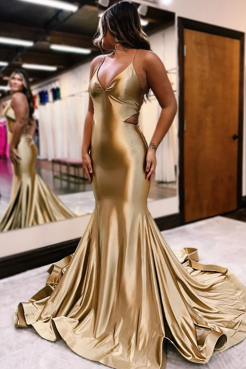 Mermaid Golden Satin V Neck Prom Dresses – luladress