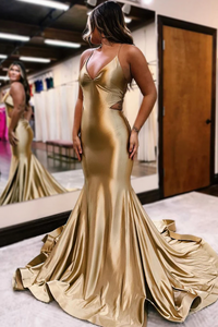 Mermaid Golden Satin V Neck Prom Dresses,BD93103