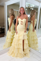 Sweetheart Keyhole Daffodil Tiered Chiffon Mermaid Prom Dresses