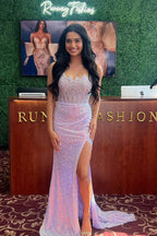 Mermaid Strapless Lilac Sequins Long Prom Dresses