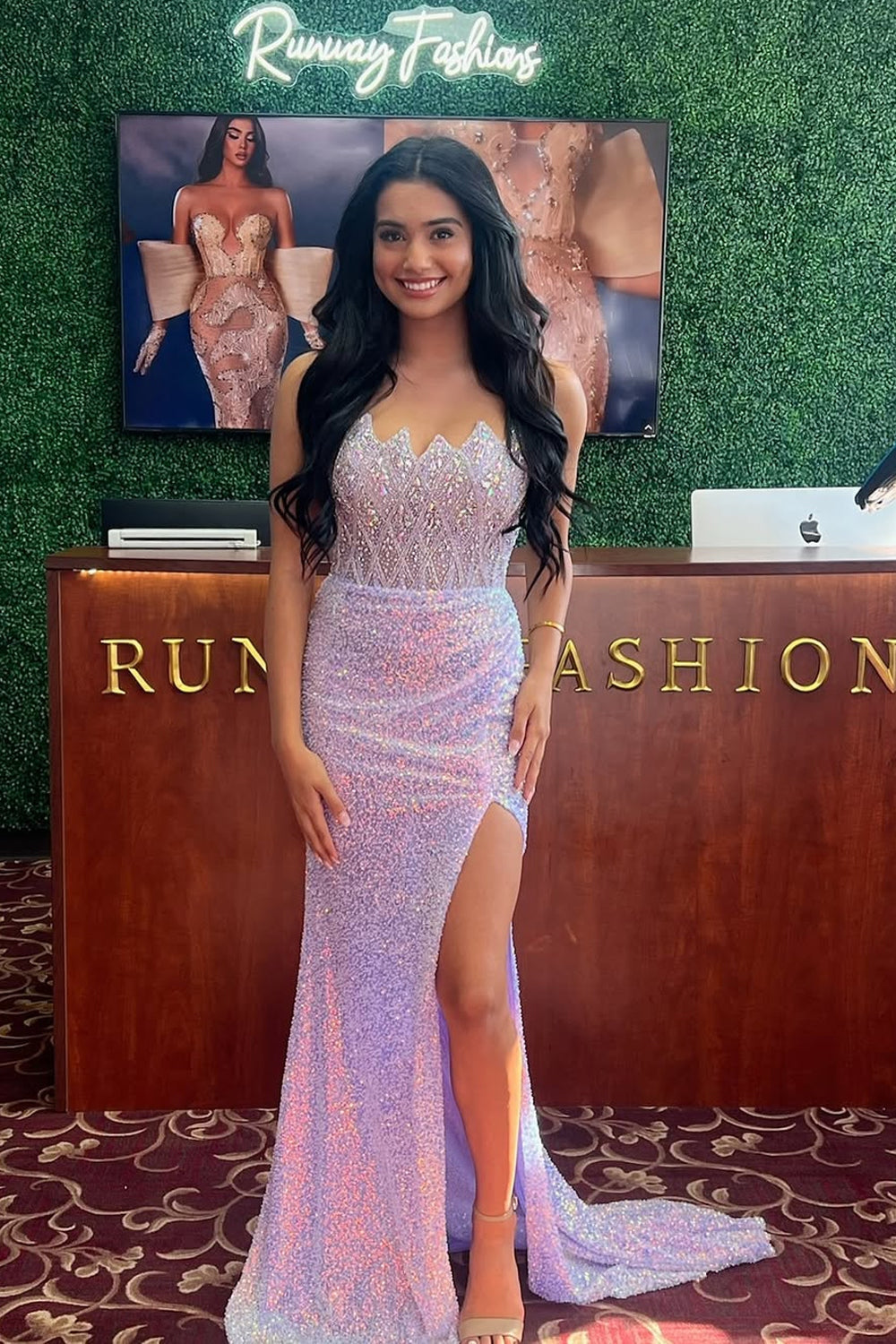 Mermaid Strapless Lilac Sequins Long Prom Dresses