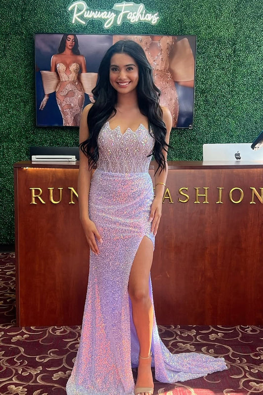 Mermaid Strapless Lilac Sequins Long Prom Dresses