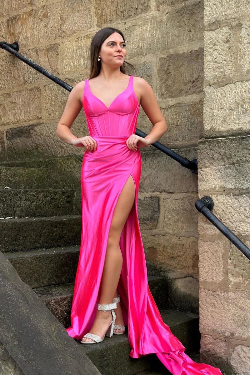 fuchsia mermaid bridesmaid dresses KissProm |Square Neck Mermaid Bridesmaid Dress With Bow in Fuchsia