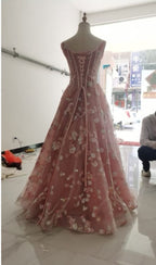 Pink Long Tulle Lace Straps A Line Prom Dresses