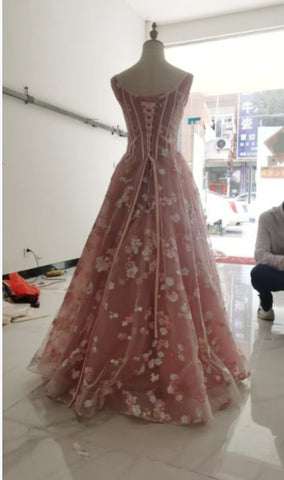 Pink Long Tulle Lace Straps A Line Prom Dresses
