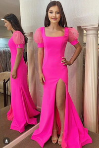 Mermaid Square Neck Puff Sleeve Hot Pink Long Dresses,BD930871