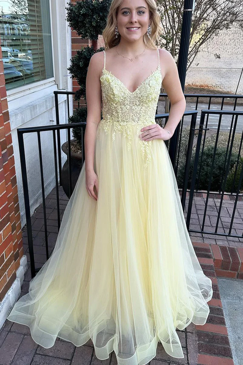V Neck Yellow Tulle Long Prom Dresses with Appliques - Pic Color / US0 V Neck Yellow Tulle Long Prom Dresses with Appliques - Pic Color / US0
