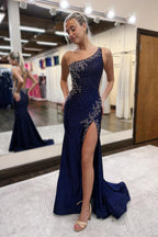 Mermaid One Shoulder Dark Navy Long Prom Dresses