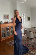 Backless Sheath Halter Neck Yellow Long Mermaid Party Dress