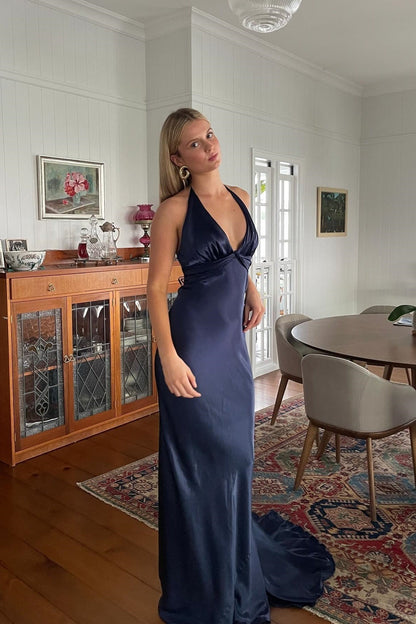 Robe de soirée sirène longue jaune dos nu avec col halter