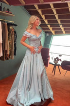A Line Off the Shoulder Grey Blue Satin Long Prom Dress,Party dresses
