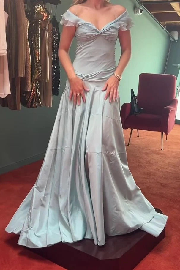 A Line Off the Shoulder Grey Blue Satin Long Prom Dress,Party dresses