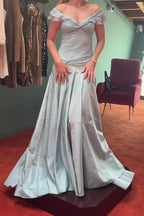 A Line Off the Shoulder Grey Blue Satin Long Prom Dress,Party dresses