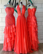 Chiffon A-Line Sweetheart Zipper Back Tiered Prom Dresses