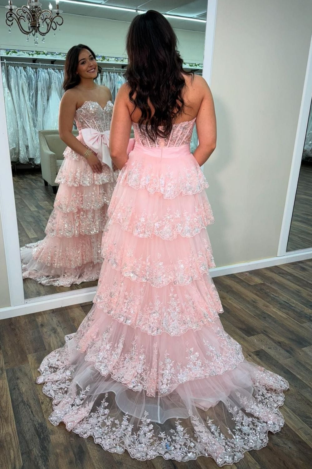 Pink A-Line Tulle Sweetheart Long Tiered Sequin Prom Dresses