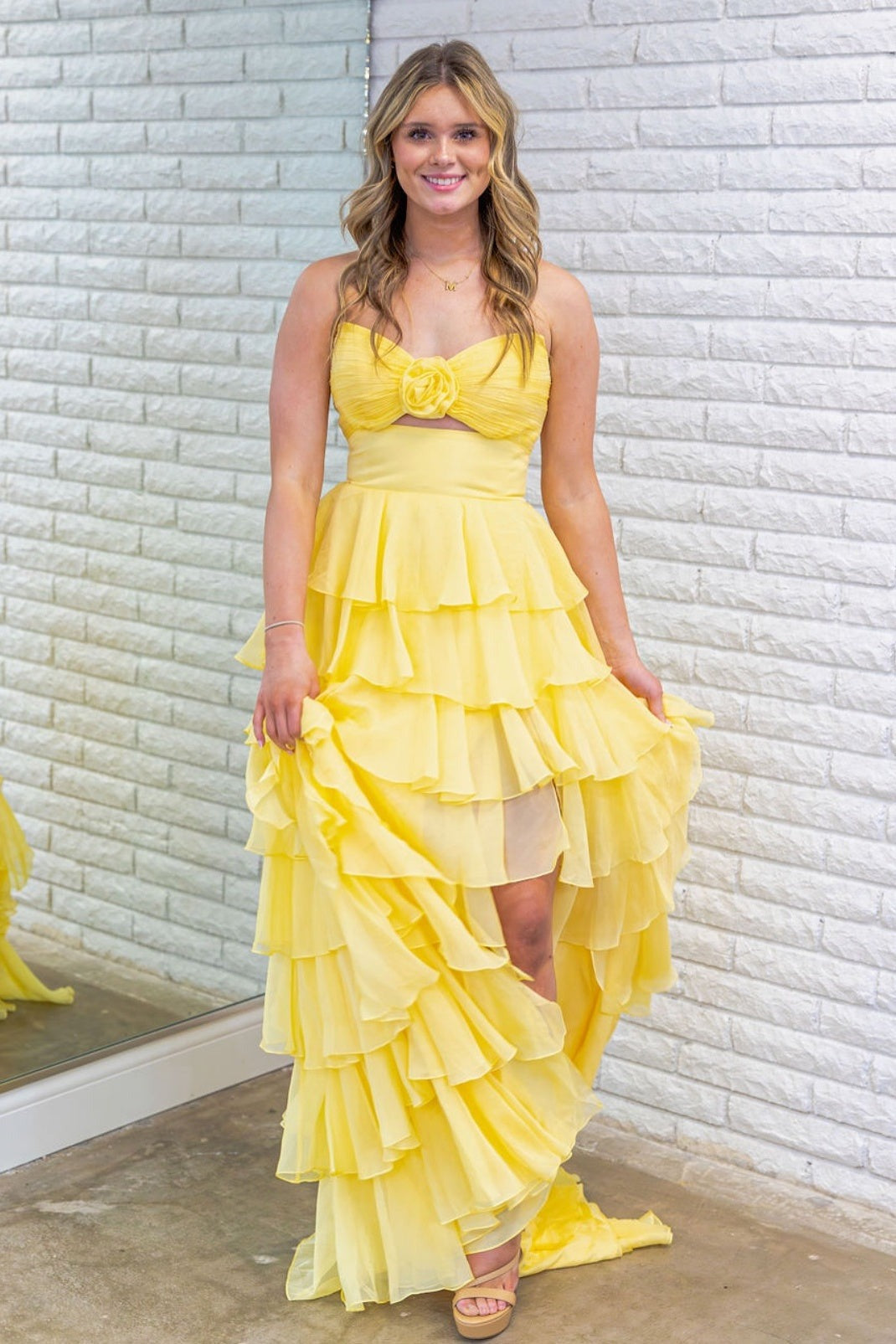 Royal Blue A-Line Strapless Long Tiered Chiffon Prom Dresses