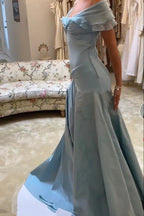 A Line Off the Shoulder Grey Blue Satin Long Prom Dress,Party dresses