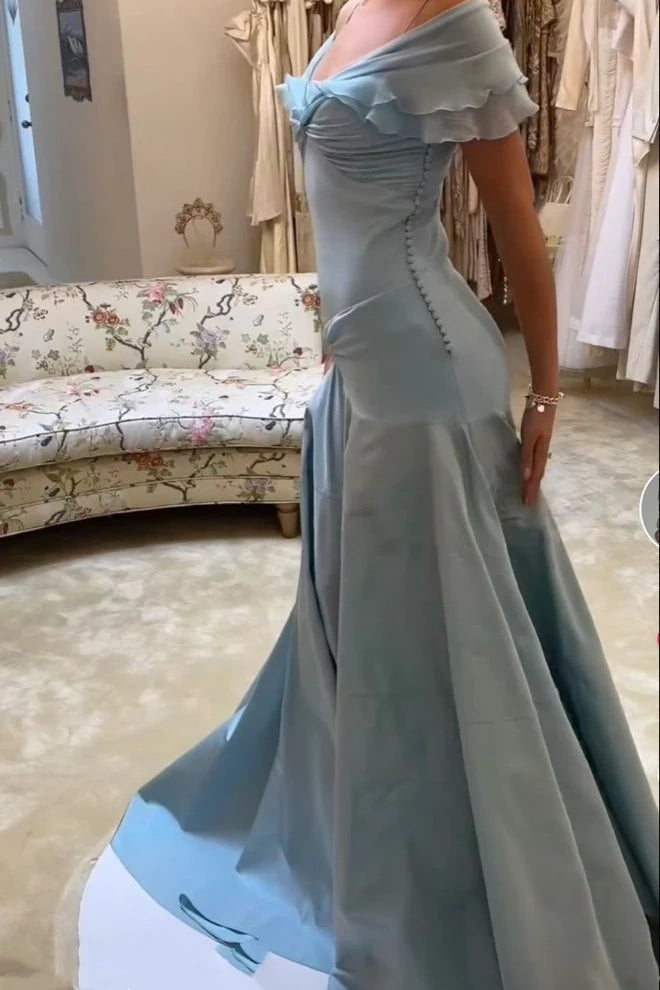 A Line Off the Shoulder Grey Blue Satin Long Prom Dress,Party dresses