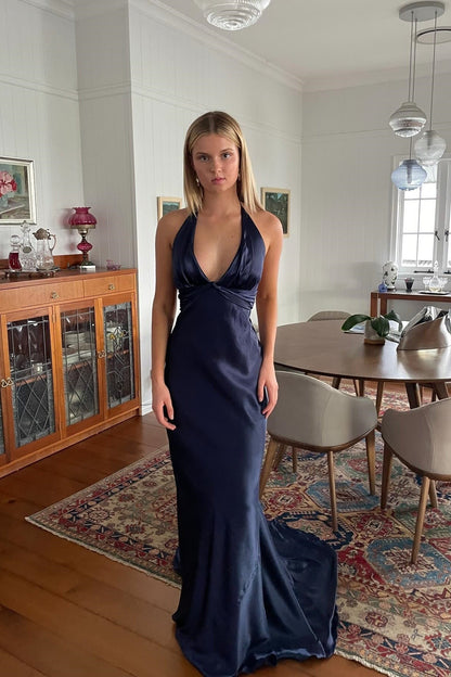 Robe de soirée sirène longue jaune dos nu avec col halter