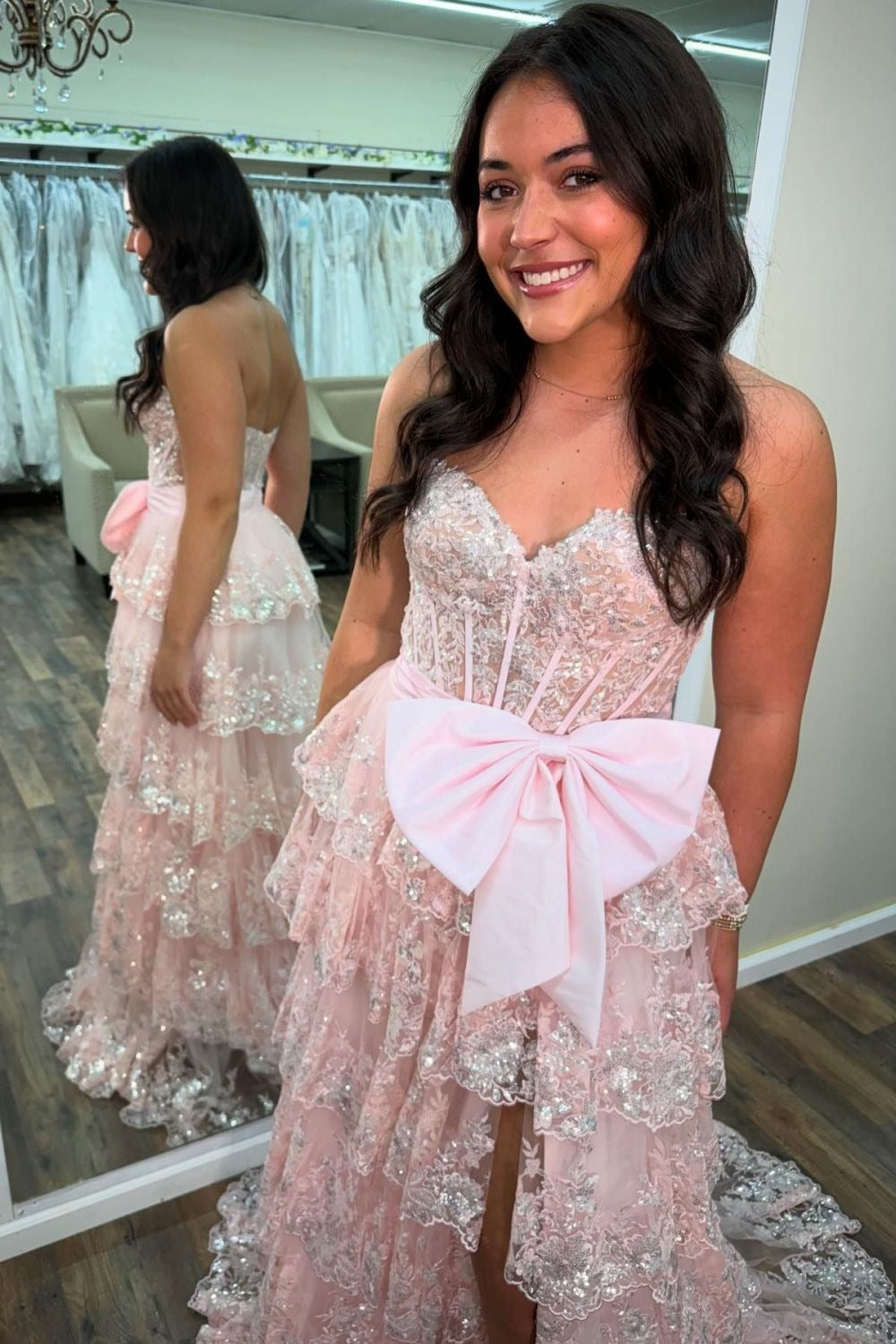 Pink A-Line Tulle Sweetheart Long Tiered Sequin Prom Dresses