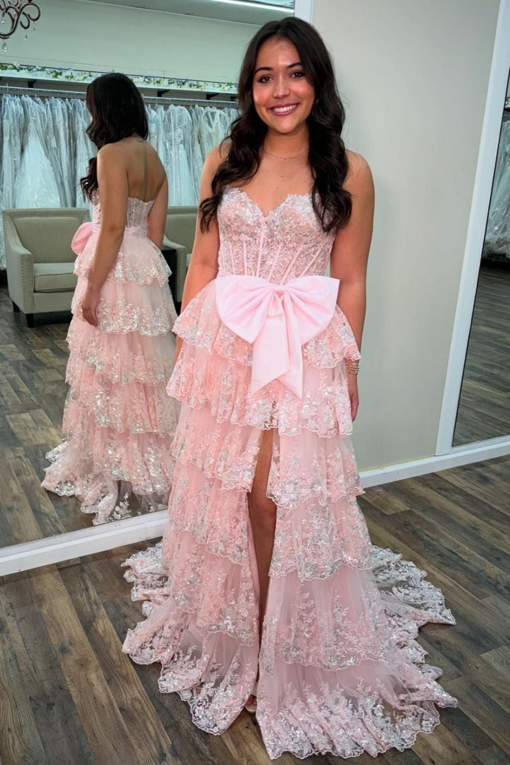 Pink A-Line Tulle Sweetheart Long Tiered Sequin Prom Dresses